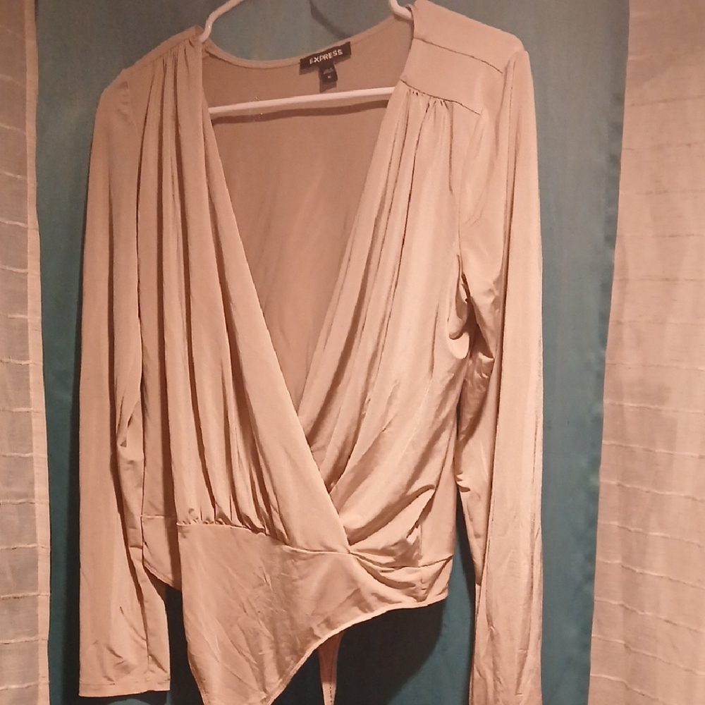 Express Tan Wrap Bodysuit Asymmetrical Long Sleeve